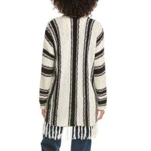 Saltwater Luxe Striped Fringed Cardigan Black & Ivory Cotton Blend Pockets S